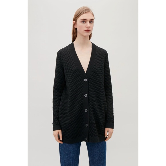 COS Textured Black Cotton Cardigan Long Button Up Stretchy Medium Sweater - Picture 1 of 13